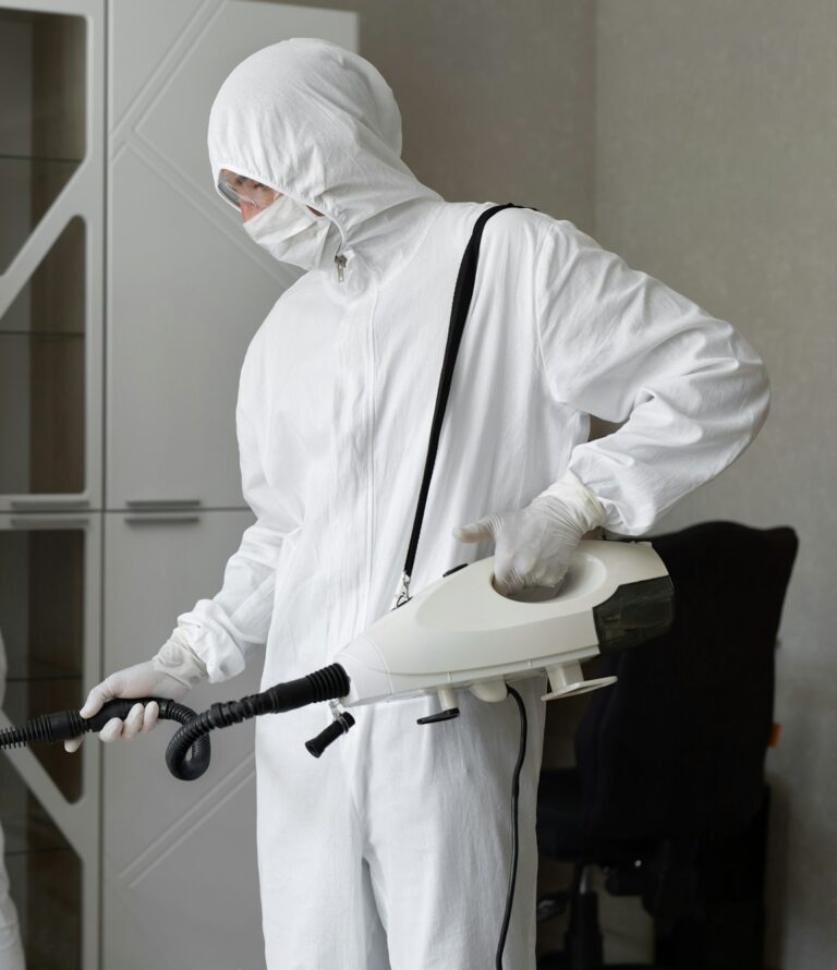 Coronavirus disinfection. Virologists disinfect the apartment with hot steam.